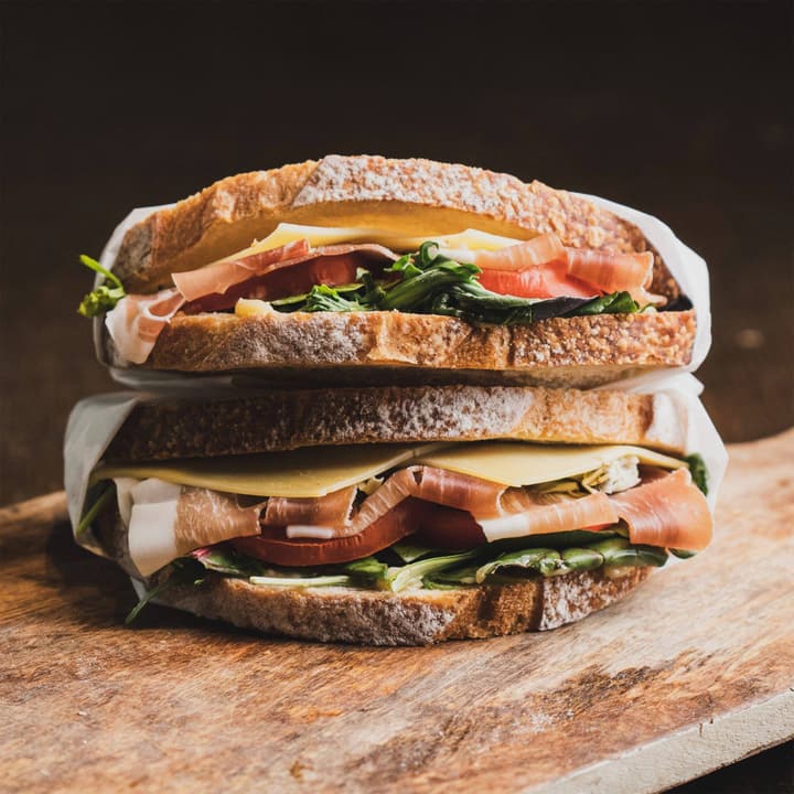 Due panini di pane rustico farciti con prosciutto crudo, formaggio, pomodoro e rucola