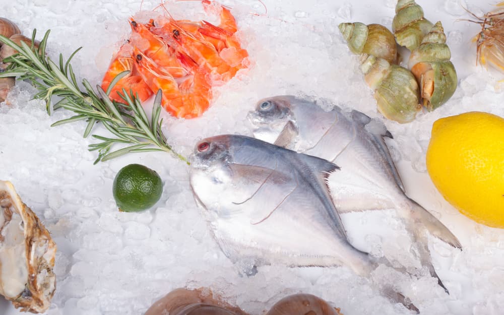 Pesce crudo e frutti di mare sul ghiaccio: gamberi, pesci interi, lumache di mare, un’ostrica e limone